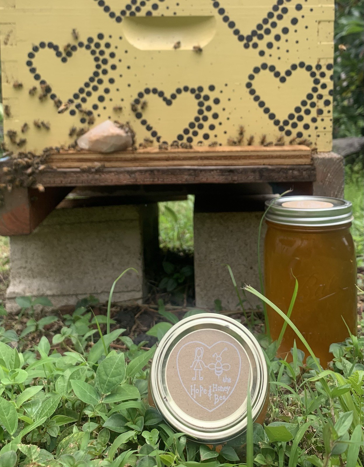 A jar of Hawaiian honey beside a heart-painted hive